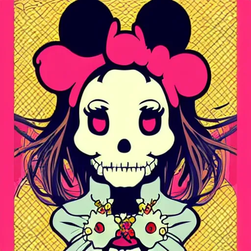 Prompt: anime manga skull portrait minnie mouse disney cartoon skeleton illustration style by Alphonse Mucha pop art nouveau