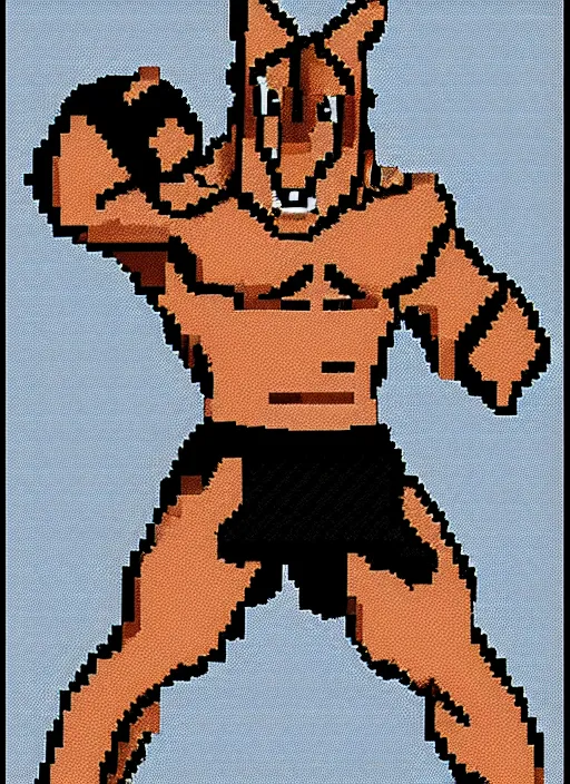 Prompt: full body shot. antropomorphic muscular masculine furr wolf. kickboxer, in sport pants. wolf head. grey furr on body. 8 bit nes graphics, sharp, pixelate