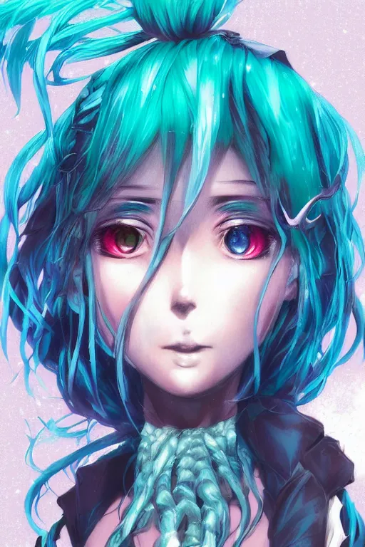 Prompt: portrait of an anime manga girl with teal and white dreads, straight on portrait, by artgerm, james jean, tom bagshaw, gerald brom, vaporwave colors, lofi colors, vaporwave, lofi, goth vibe, 4 k, smooth, hd, substance designer render, full body character concept art, symmetrical, perfect face, detailed face,