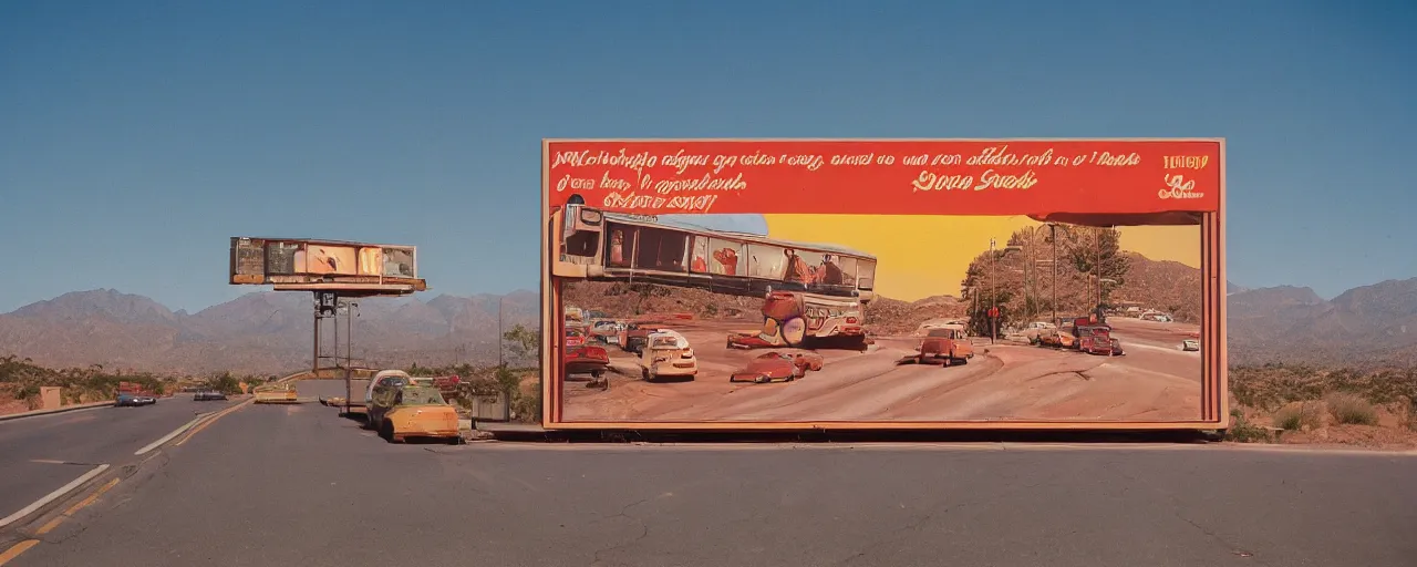 Prompt: spaghetti billboard advertisement, highway 5 0, arizona, sunset, canon 2 0 mm, f 1. 8, kodachrome, in the style of wes anderson