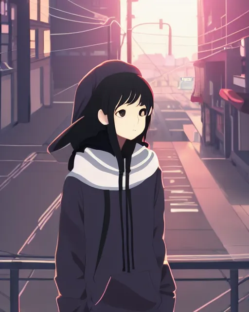 Image similar to anime visual, portrait of a young black haired girl wearing hoodie sightseeing above the urban street in bright day guardrail, cute face by yoh yoshinari, katsura masakazu, dramatic lighting, dynamic pose, dynamic perspective, strong silhouette, ilya kuvshinov, anime cels, rounded eyes, moody