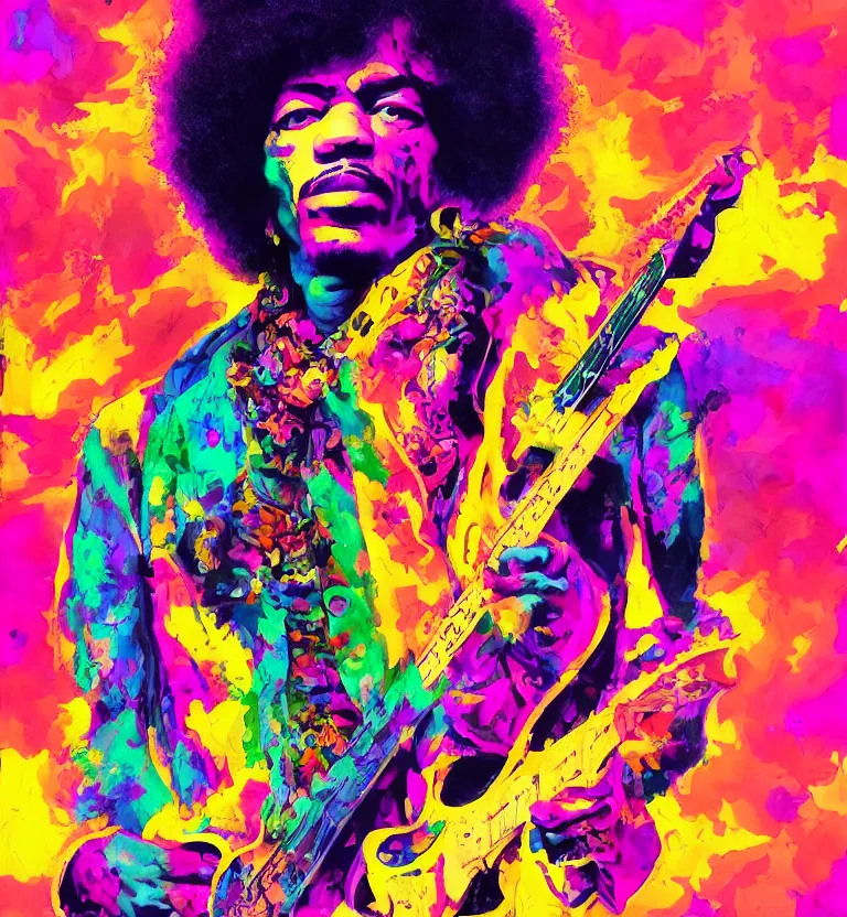 Image similar to jimi hendrix full body, colourful afrofuturist biomorphic scifi opart in background, 8 k