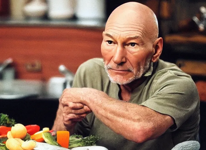 Image similar to patrick stewart sitting in a big bowl of vegetable stew