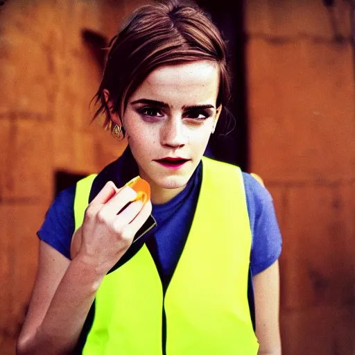 Image similar to photo, close up, emma watson in a hi vis vest, chewing tobacco, bulging lower lip, portrait, kodak gold 2 0 0,