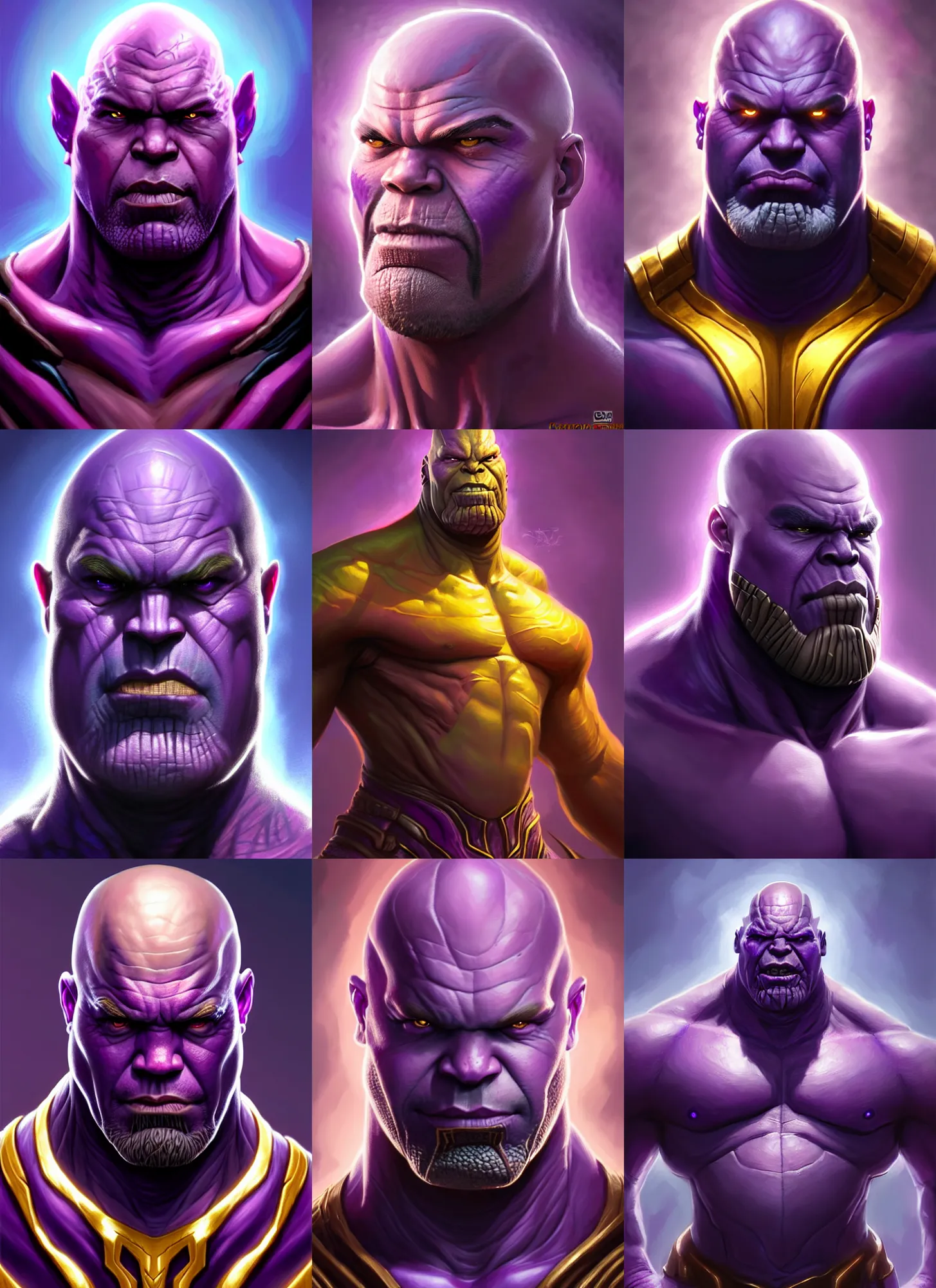 Prompt: a fantasy style portrait painting a character if drax the destroyer ( arthur douglas ) and thanos had a son, purple skin, powerful chin, thanos style traits, painting, unreal 5, daz., rpg, portrait, extremely detailed, artgerm greg rutkowski _ greg
