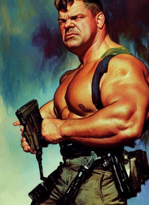 Image similar to gk chesterton as a buff action hero with muscles and a shotgun. portrait by james gurney craig mullins and alphonso mucha. realistic face. expressive.