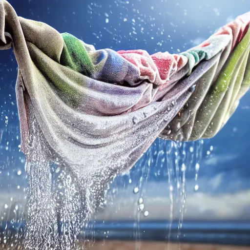 Image similar to a closeup photorealistic photograph of wet clothes drying on the beach, fantastic four theme. bright scene. fine detail. this 4 k hd image is trending on artstation, featured on behance, well - rendered, extra crisp, features intricate detail, epic composition and the style of unreal engine.