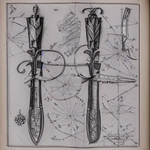 Prompt: technical drawing of a rapier, weapon design, flower adorned, delicate, detailed map, notes, scribbles, old paper