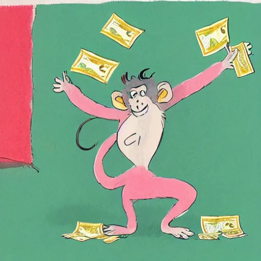 Prompt: a monkey juggling wads of cash, illustration by Quentin Blake