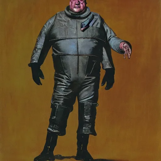 Image similar to full body portrait of actor Kenneth McMillan as baron harkonnen wearing ragged leather spacesuit and floating ten feet above floor in dystopian science fiction palace, painted by norman rockwell and tom lovell and frank schoonover, dune 1982 movie