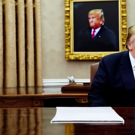 Image similar to candid portrait photo of president trump eating crumpled up wads of paper, oval office backlit