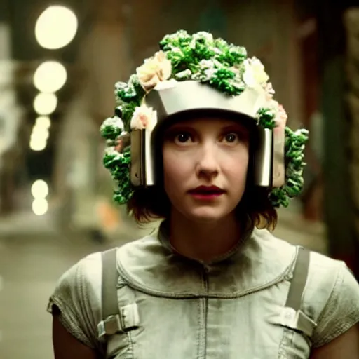 Prompt: movie still of a girl with a cyborg flowers helmet, cinematic composition, cinematic light, by edgar wright and david lynch