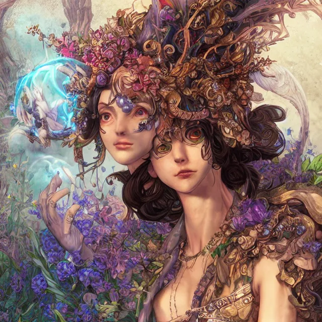 Image similar to the portrait of chaotic good female druid alchemist as absurdly beautiful, gorgeous, elegant, young gravure idol, an ultrafine hyperdetailed illustration by kim jung gi, irakli nadar, intricate linework, sharp focus, bright colors, octopath traveler, final fantasy, unreal engine 5 highly rendered, global illumination, radiant light, detailed and intricate environment