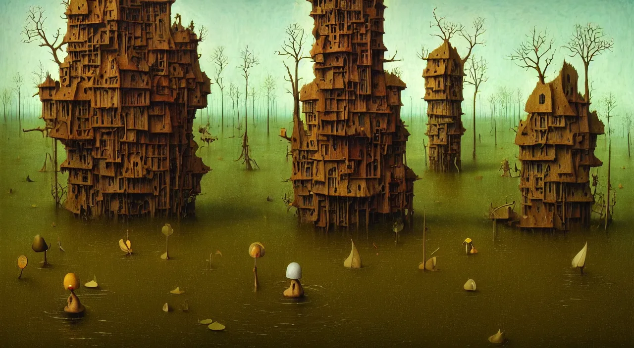 Prompt: single flooded simple fungus wooden tower, very coherent and colorful high contrast ultradetailed photorealistic masterpiece by franz sedlacek hieronymus bosch dean ellis simon stalenhag rene magritte gediminas pranckevicius, dark shadows, sunny day, hard lighting