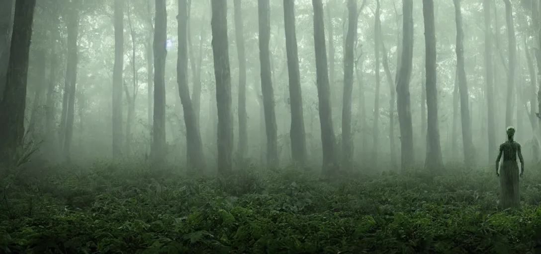 Image similar to a complex organic fractal 3 d ceramic humanoid megastructure in a lush forest swamp, foggy, cinematic shot, photo still from movie by denis villeneuve