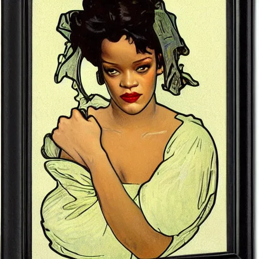 Image similar to Rihanna portrait, art nouveau, alphonse mucha