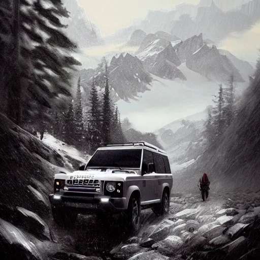 Prompt: a landrover crossing the alps while its snowing, digital art, artstation, photgraphy, highly detailed, digital painting, artstation, concept art, sharp focus, illustration, art by greg rutkowski and artgerm