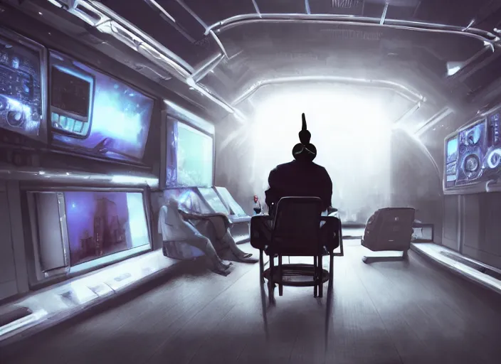 Prompt: a man sitting on a chair with things attached to his head, screens and monitors in front of him playing videos, ship interior, narrow hallway, scifi colors, dramatic lighting, dark, spotlight, surreal, by rutkowski, fuji choko, magali villeneuve