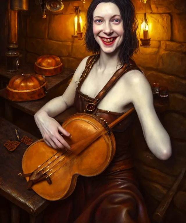 Prompt: hyperrealistic mixed media painting of a young beautiful pale-skinned grinning female bard, dimly lit cozy tavern, leather tunic, confident relaxed pose, dark hair, musical lute in hand, d&d, stunning 3d render inspired art by Tim Okamura and Lise Deharme + perfect facial symmetry + dim volumetric lighting, 8k octane beautifully detailed render, post-processing, extremely hyperdetailed, intricate, epic composition, grim yet sparkling atmosphere, cinematic lighting + masterpiece, trending on artstation, very very detailed, masterpiece, stunning