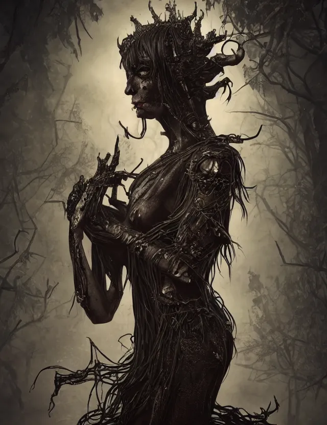 Prompt: the goddess of centipedes, dark gothic horror art, detailed render, creepy expression, 8k, cgsociety