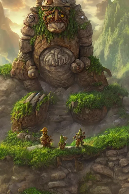 Image similar to zelda fantasy art giant golem troll wood rock greeble gemstone, global illumination ray tracing hdr fanart arstation by sung choi and eric pfeiffer and gabriel garza and casper konefal