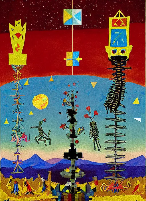 Image similar to pixel decollage painting tarot lovers card composition tower of babel road red armor maggot bear and wonky alien frog skeleton knight on a horse in a dark red cloudy night sky with golden foil jewish stars and diamonds, mountain lake and blossoming field in background, painted by Mark Rothko, Helen Frankenthaler, Danny Fox and Hilma af Klint, pixelated, neo expressionism, semi naive, pastel colors, cinematic, color field painting, cave painting, voxel, pop art look, outsider art, minimalistic. Bill Traylor painting, part by Philip Guston, Amano and Francis Bacon. art by Adrian Ghenie and Storm Thorgerson, very coherent symmetrical artwork, cinematic, hyper realism, high detail, octane render, unreal engine, Smooth gradients, depth of field, full body character drawing, extremely detailed, 8k, extreme detail, intricate detail, masterpiece