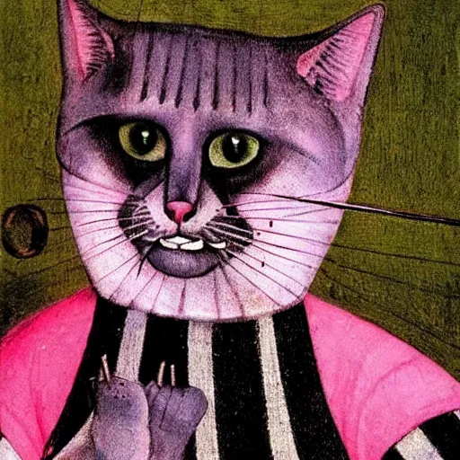 Image similar to stunning portrait of the cat of cheshire bosch with pink and purple stripes and a sadistic smile by hieronymus bosch