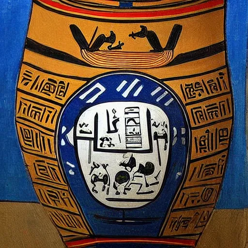 Prompt: AA photo of an Athenian vase with a painting of pandas playing basketball in the style of Egyptian hieroglyphics