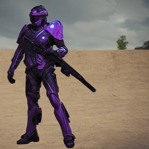 Prompt: « vanu soldier, full helmet, purple and black clothes, tall young male, dominant, heavy gun, realistic, realistic, 8 k quality »