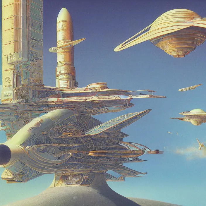 Image similar to chinese spacecraft, science fiction, extremely detailed, pastel colors, intricate, hard light, flat, illustration, volumetric lighting, digital painting, by roger dean, by santiago calatrava, by bruce pennington