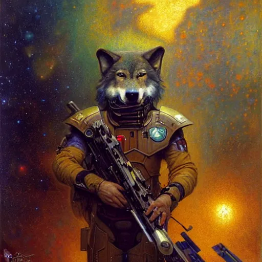 Prompt: portrait of a wolf in uniform starship stars. shadowrun furaffiniy cyberpunk fantasy highly detailed painting by gaston bussiere craig mullins jc leyendecker gustav klimt artgerm greg rutkowski john berkey, bergey, craig mullins, ruan jia, raymond swanland, jeremy mann, tom lovell, alex malveda