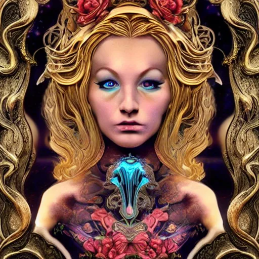 Image similar to blonde girl in a cosmic dress, full-body tattoos, ornate, rococo, grotesque, zbrush art, majestic, organics, silver filigree, colorful, dark fantasy, celtic knot, anatomical, h r giger style, moebius, frank frazetta, ornate, art nouveau, symmetrical, turquoise jewelry, red smoke, roses, unbiased render, rotten, Emil melmoth, eerie, macabre, haunting + insanely detailed and intricate, floral, faded pink, hypermaximalist, elegant, vintage, hyper realistic, super detailed, pastel colors,