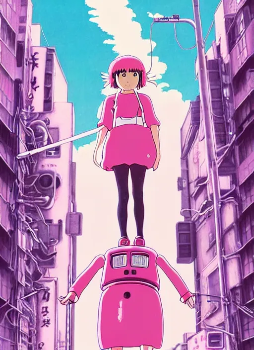 Image similar to a movie poster for a studio Ghibli film based on the song Yoshimi battles the pink robots, part 1. by the band the flaming lips; artwork by Hiyao Miyazaki and studio Ghibli; a Japanese girl is about to fight a gigantic Pink Robot in an alley in Tokyo