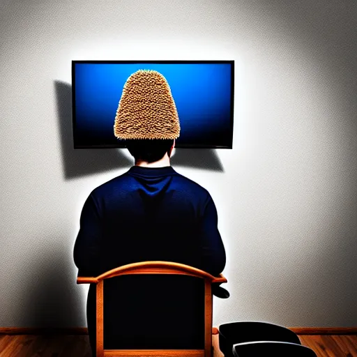 Prompt: a man with shit on his head sits on a chair in front of the tv, digital art, many details, super realistic, high quality, 8 k