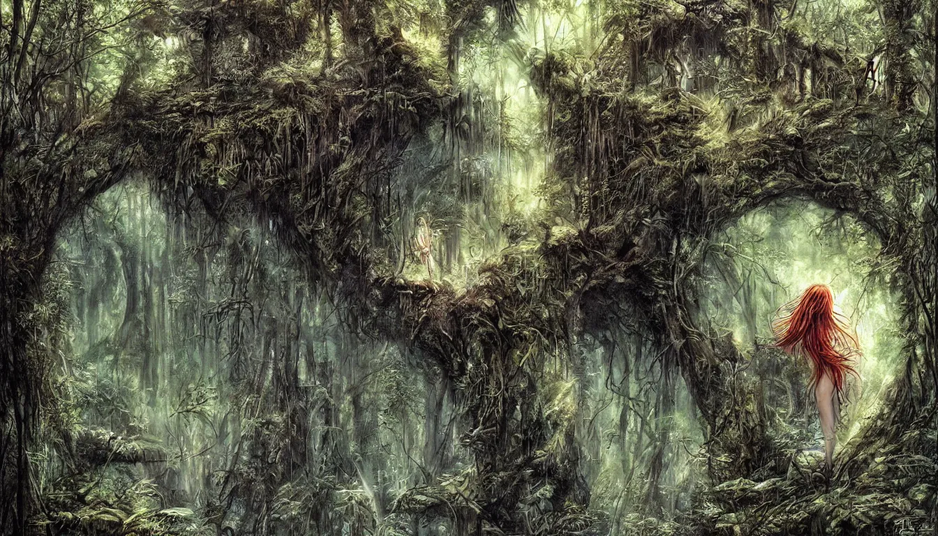 Prompt: a big eye floats above the ground in a dense forest, illustration by john taylor dismukes and dave lafleur, luis royo, chrome art, rich deep colors