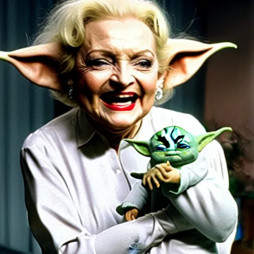 Image similar to promotional image of Betty White as baby yoda dancing.