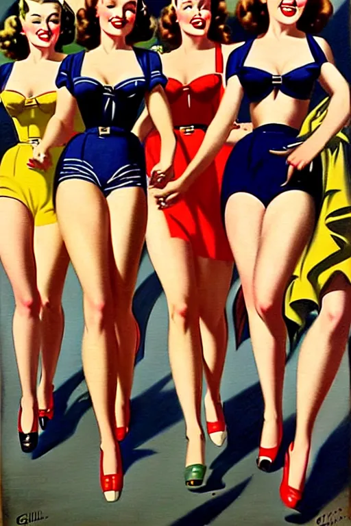 Image similar to 1940s group of pinup bikini girls walking down the street in 1940s Manhattan, oil painting, by Gil Elvgren