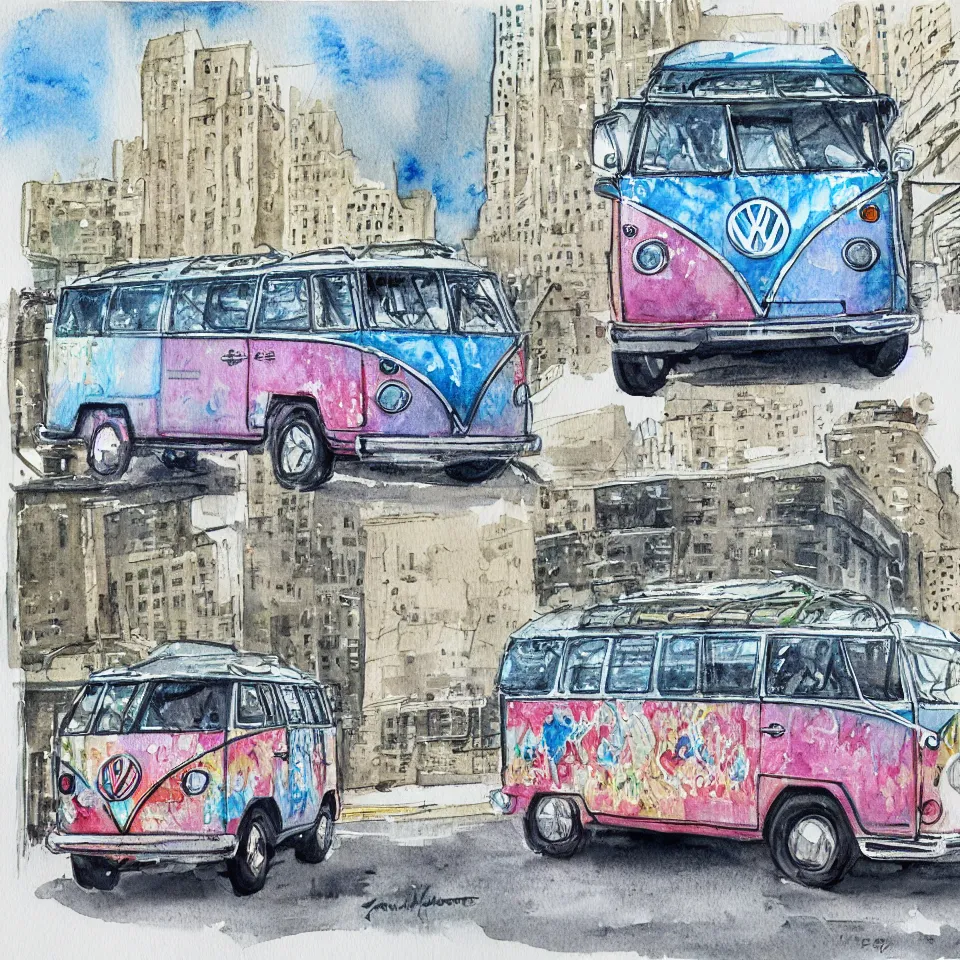 Prompt: a detailed watercolor sketch of vw bus in new york city