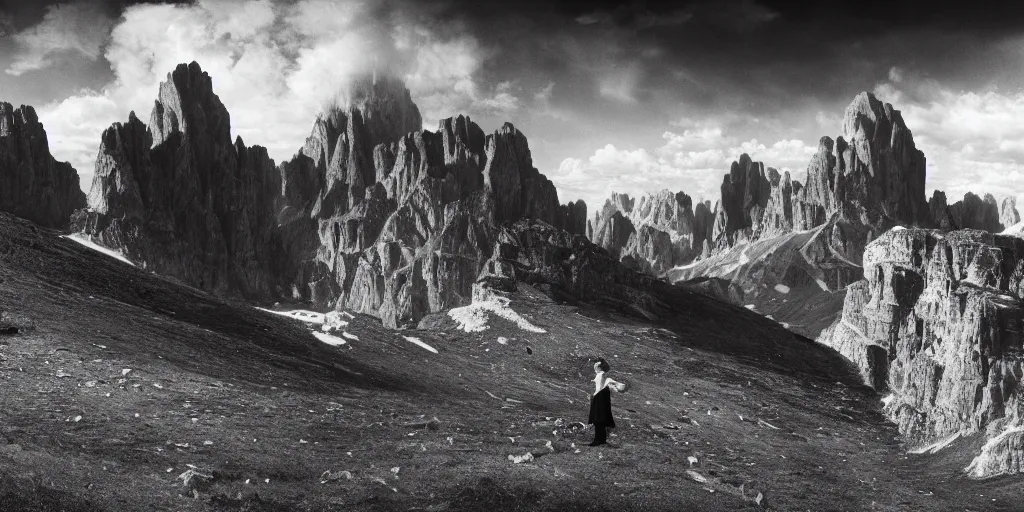 Image similar to 1920s photography of lonely wanderer, dolomites in the background, occult signs, fire, alp, dolomites, alpine, detailed intricate insanely detailed octane render, 8k artistic 1920s photography, photorealistic, black and white, chiaroscuro, hd, by David Cronenberg, Raphael, Caravaggio