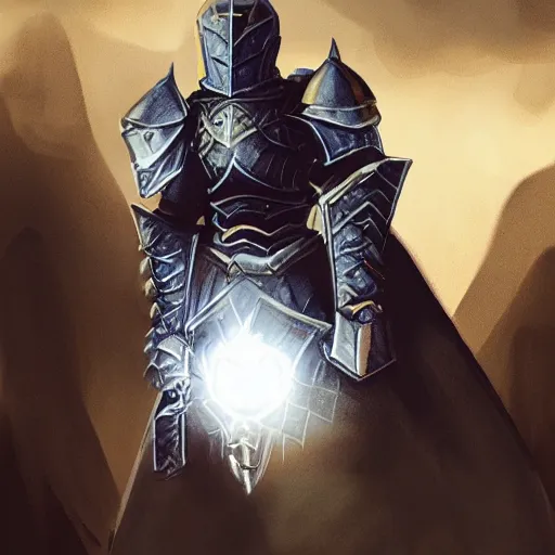 Image similar to armored knight hold a luminance white bird on outstretched hand carefully, atmospheric, concept art