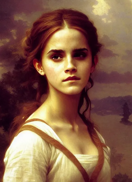 Image similar to painting of emma watson as hermione granger. beautiful. gorgeous. during golden hour. art by william adolphe bouguereau.