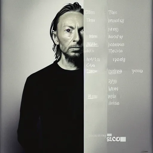 Image similar to Thom Yorke, with a beard and a black shirt, a computer rendering by Martin Schoeller, cgsociety, de stijl, tintype photograph, studio portrait, calotype