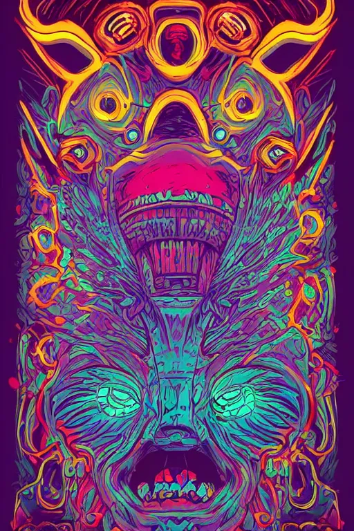 Image similar to animal mask totem roots tribal feather gemstone plant wood rock shaman vodoo video game vector illustration vivid multicolor borderlands comics by josan gonzales and dan mumford radiating a glowing aura