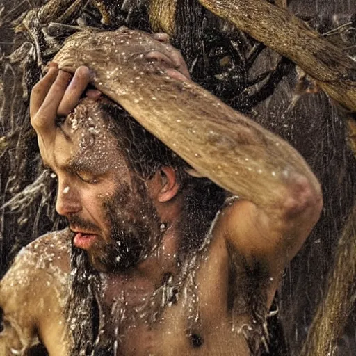 Image similar to The performance art shows a man caught in a storm, buffeted by wind and rain. He clings to a tree for support, but the tree is bent nearly double by the force of the storm. The man's clothing is soaked through and his hair is plastered to his head. His face is contorted with fear and effort. burnt sienna by Adonna Khare, by Syd Mead turbulent