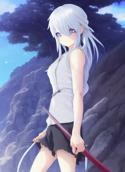 Image similar to a full body portrait of a japanese gray hair, adventurer young lady, with white hair and bangs!!!!, blue eyes, finely detailed features, closeup at the faces, perfect art, gapmoe yandere grimdark, trending on pixiv fanbox, painted by greg rutkowski makoto shinkai takashi takeuchi studio ghibli, akihiko yoshida,