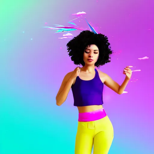 Image similar to a award winning half body portrait of a beautiful woman in a croptop with a ombre purple pink teal hairstyle with head in motion and hair flying, teal gradient background, outrun, vaporware, vivid colors, highly detailed, fine detail, intricate