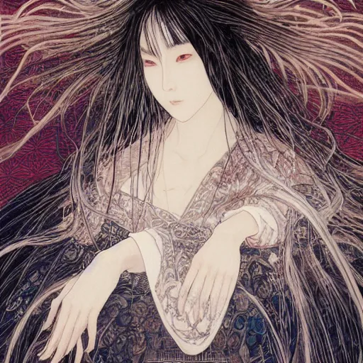 Image similar to yoshitaka amano blurred and dreamy realistic illustration of a japanese woman with black eyes, wavy white hair fluttering in the wind wearing elden ring armor with engraving, abstract patterns in the background, satoshi kon anime, noisy film grain effect, highly detailed, renaissance oil painting, weird portrait angle, blurred lost edges, three quarter view