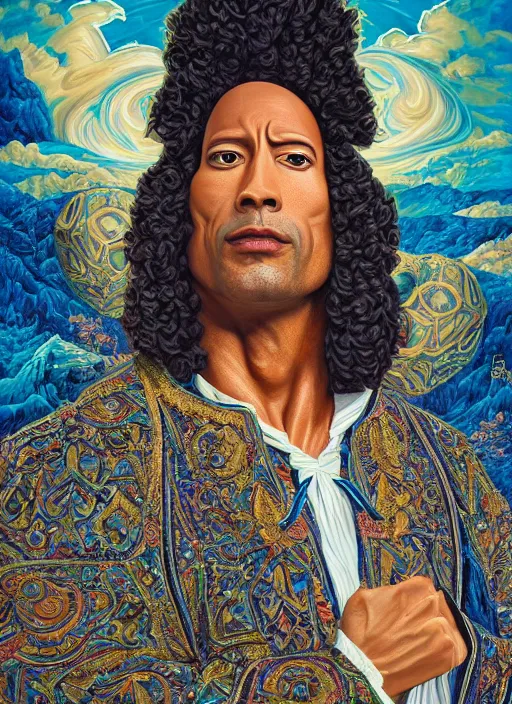 Image similar to beautiful oil painting, full length portrait of Dwayne the rock Johnson as Louis xiv in coronation robes 1701, Dan Mumford, Dan Mumford, Alex grey, Alex grey, highly detailed , lsd visuals, dmt fractal patterns, hallucinogen, visionary art, psychedelic art, ornate, vaporwave, baroque