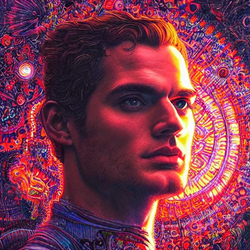 Prompt: portrait of henry cavill, hyper detailed masterpiece, neon floral pattern, jean giraud, digital art painting, darkwave goth aesthetic, psychedelic, artgerm, donato giancola and tom bagshaw