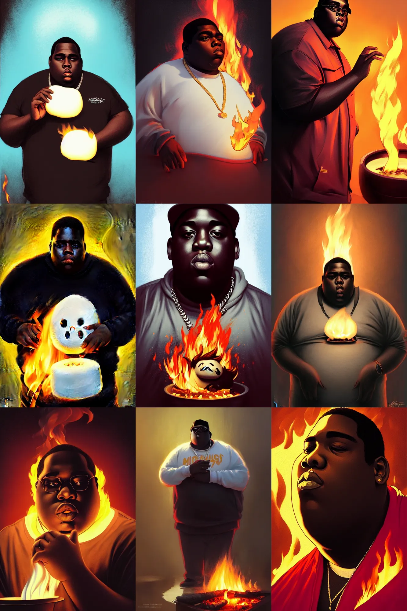 Prompt: the notorious b. i. g. as a marshmellow getting roasted over a fire, dramatic lighting, chill vibe, unreal engine 5, shaded lighting poster by magali villeneuve, artgerm, jeremy lipkin and michael garmash, rob rey and kentaro miura style, trending on art station